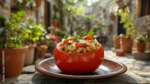 Stuffed tomato dish in a rustic outdoor setting.