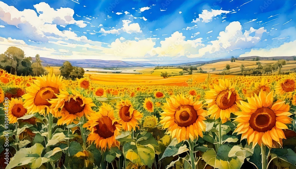 Fototapeta premium A colorful sunflower field beneath a clear blue sky dotted with fluffy white clouds.
