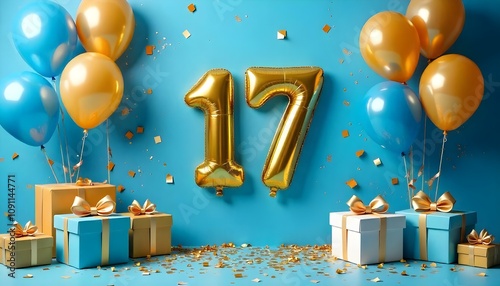 A blue and gold 17th birthday anniversary celebration with balloons and confetti