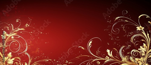 Red background with gold flowers and gold swirls. The image has a warm and luxurious feel to it, with the gold accents adding a touch of elegance and sophistication
