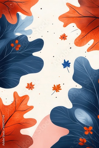 Colorful autumn leaves in blue and orange adorn a serene background, emphasizing fall's beauty.