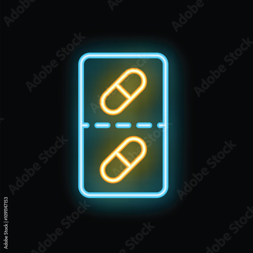 Bright glowing neon sign showing a blister pack of pills, on a black background