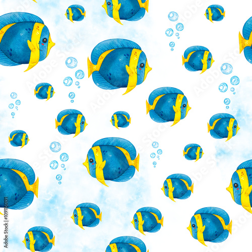 Seamless pattern on a marine theme of yellow-blue fish. Watercolor illustration hand drawn in a children's style. Drawing for fabric, paper, packaging, postcards photo