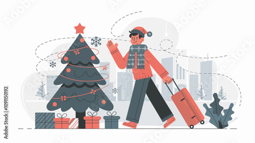 A person traveling during the Christmas season. The scene features a cheerful traveler holding a suitcase while standing near a decorated Christmas tree