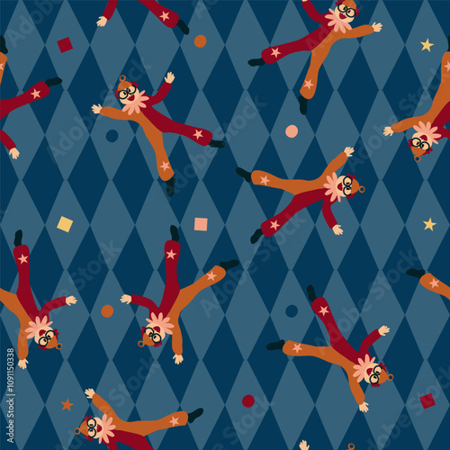 Colorful circus background, funny clowns, jugglers, acrobats, cheerful carnival with balloons and confetti. Seamless pattern, hand drawn