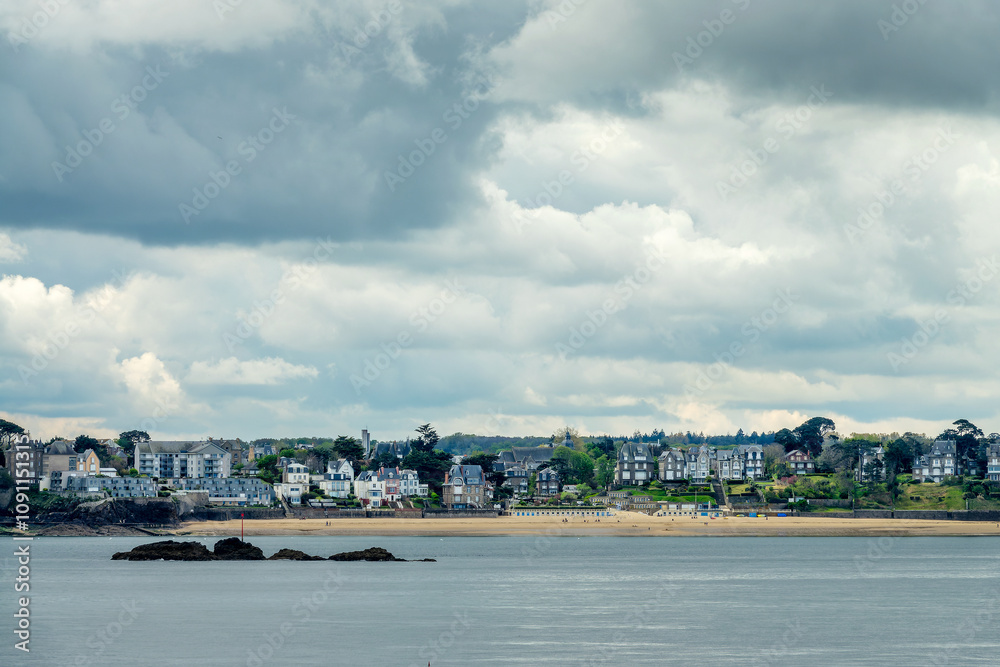 Fototapeta premium View of St Enogat beach in Dinard from the sea, Ille-et-Vilaine, Brittany, France