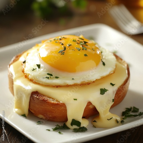 Gourmet croque madame with melted cheese and golden egg, French bistro style, photo