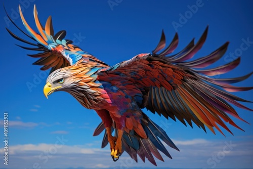 A vibrant, multicolored kite soaring high against a clear blue sky, showcasing its dynamic patterns and intricate design  photo