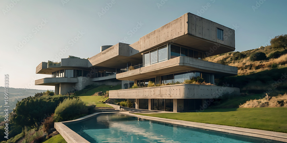 Fototapeta premium futuristic brutalist villa building in the hill, created by generative ai