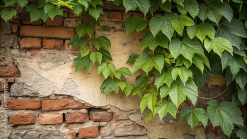 lush green wild grape leaves hanging from a rustic brick wall with exposed mortar and weathered stone edges, naturebackground, landscapephotography, rural, rusticbrickwall photo