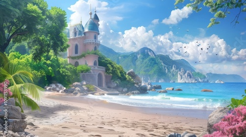 Enchanting beach scene  fairy tale castle with pink walls and blue roof amidst nature s beauty photo