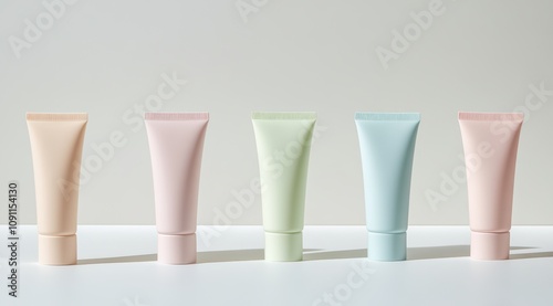 A set of five pastel-colored hand cream tubes with a minimalisti label design, placed on a white background photo