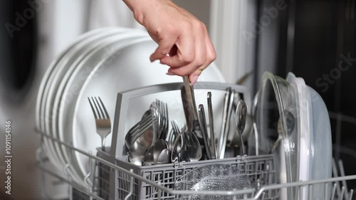 Female hand removing clean knife from a loaded dishwasher. Background of open wash machine 