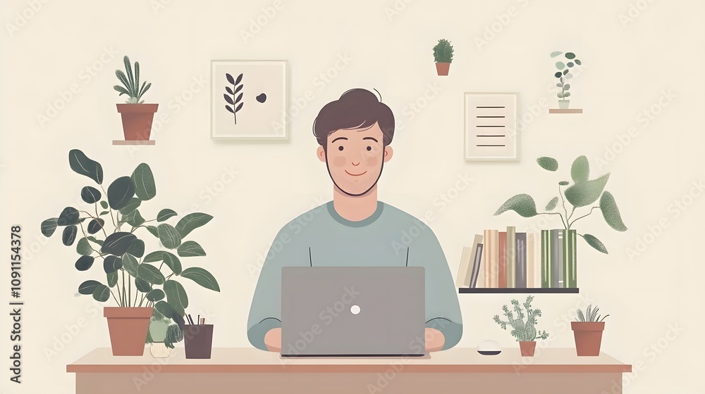 Fototapeta premium Vector illustration of man&nbsp;working on laptop wearing light blue shirt, surrounded by UI elements and plants, featuring minimalist design and professional&nbsp;character in pastel colors.