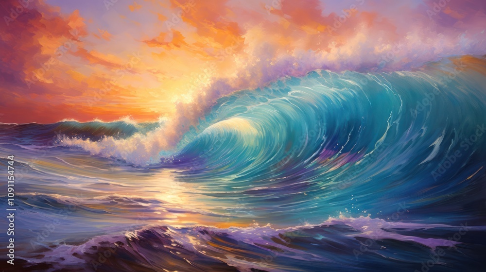 Obraz premium An intense ocean wave falling in shades of blue, purple, and orange as the sun sets on the horizon, creating a dramatic and colorful seascape