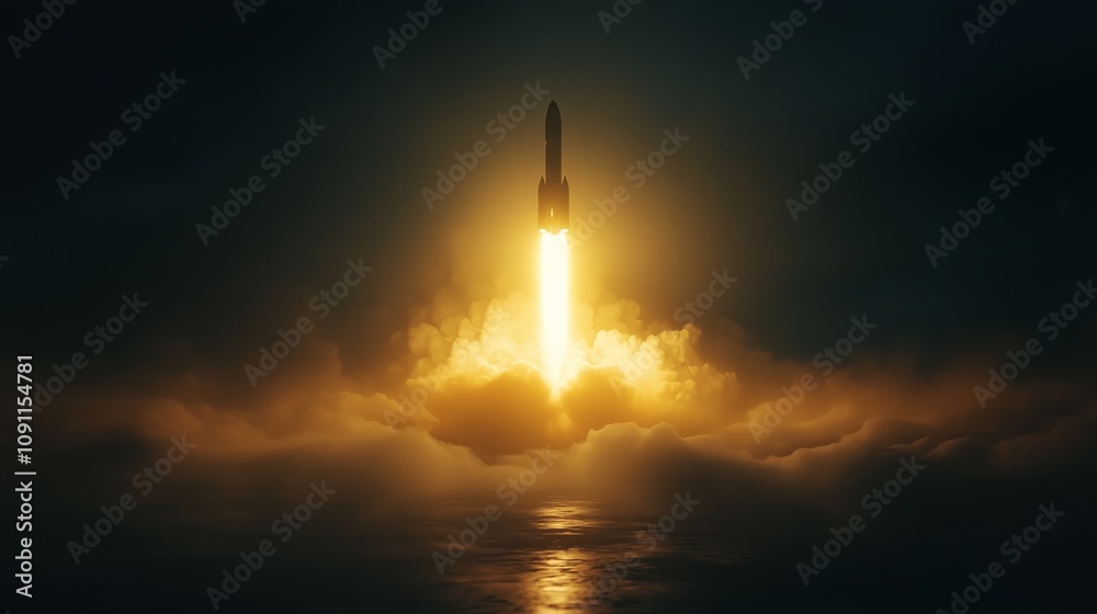 Naklejka premium Stylized 3D Rendering of a Rocket in Motion During Launch Amidst Dramatic Clouds and Illuminating Flames in a Dark Atmosphere