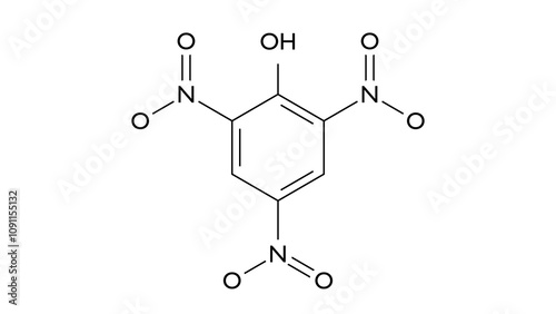 picric acid molecule, structural chemical formula, ball-and-stick model, isolated image organic compound photo