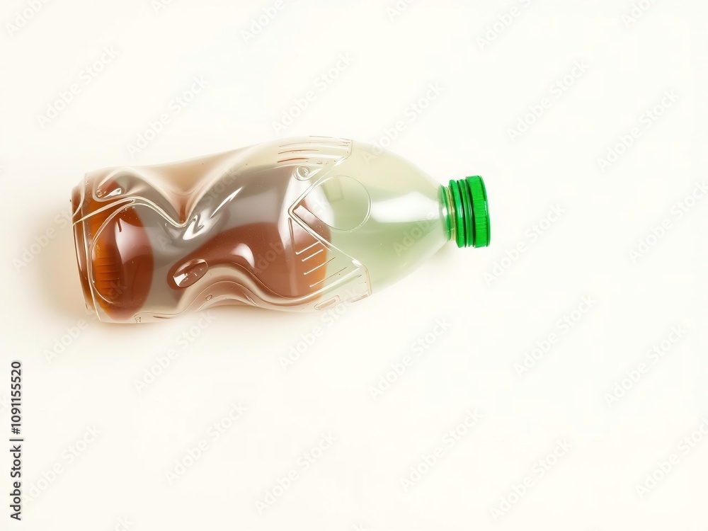 A broken, crushed plastic bottle with a gleaming green cap rests on a light-colored background, prepared for reuse and recycling purposes, waste disposal, crushed container, green cap A broken, crushed plastic bottle with a gleaming green cap rests on a light-colored background, prepared for reuse and recycling purposes, waste disposal, crushed container, green cap