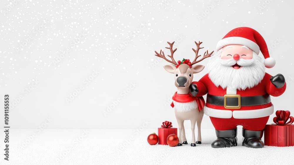 Obraz premium Festive Santa with reindeer and gifts in snowy backdrop