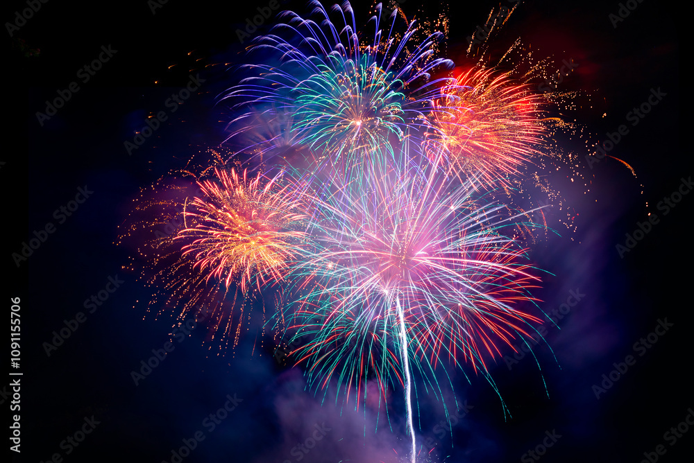 colourful firework display set for celebration happy new year and merry christmas and fireworks on black background