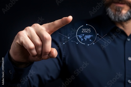 2025 business analytics concept. A man points at a digital globe displaying the year 2023, symbolizing innovation, technology, and global connectivity.