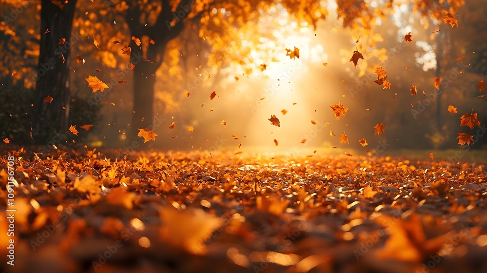 Misty autumn forest scene with golden maple leaves carpeting ground, featuring sun rays filtering through trees and creating ethereal atmosphere with dramatic fall colors.