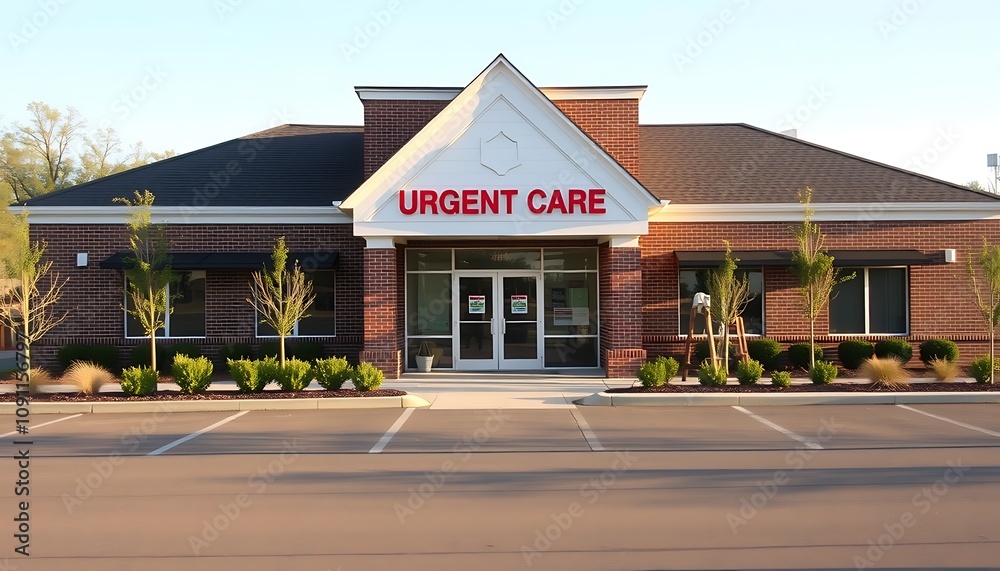 Rural clinic with urgent care sign, brick structure, and parking area