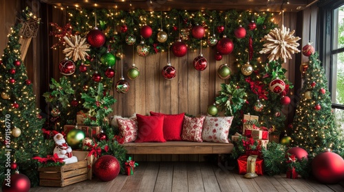 A whimsical Christmas photo booth with a backdrop of colorful ornaments, mistletoe, and holiday lights
