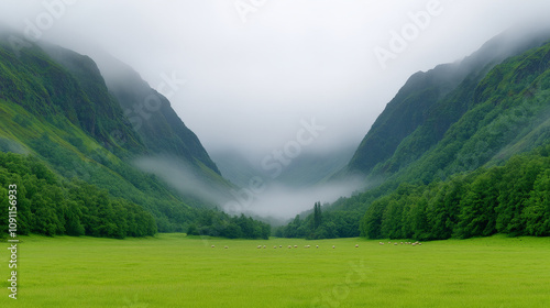 Mystical Mountain Valley: A serene and misty valley nestled between towering, verdant mountains. The ethereal fog creates a sense of mystery and tranquility. photo