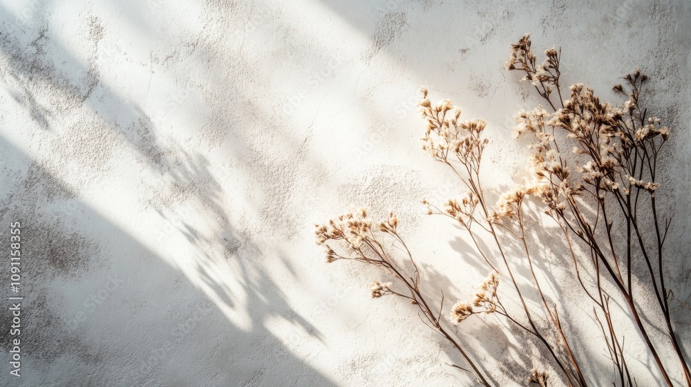 Obraz premium milky concrete background with some dried flowers at the side, natural sunlight