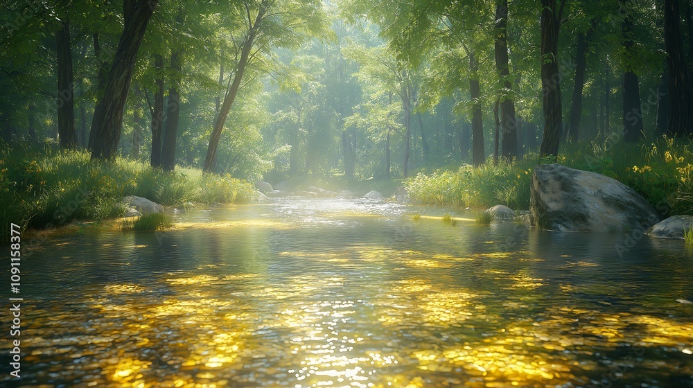 Obraz premium Golden River Flows Through Lush Forest