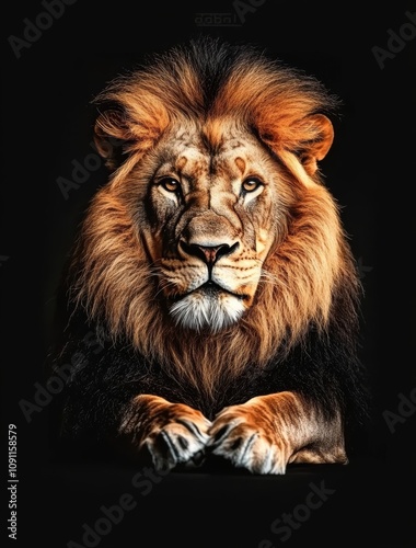 This is a portrait of a huge, beautiful African male lion against a black background. photo