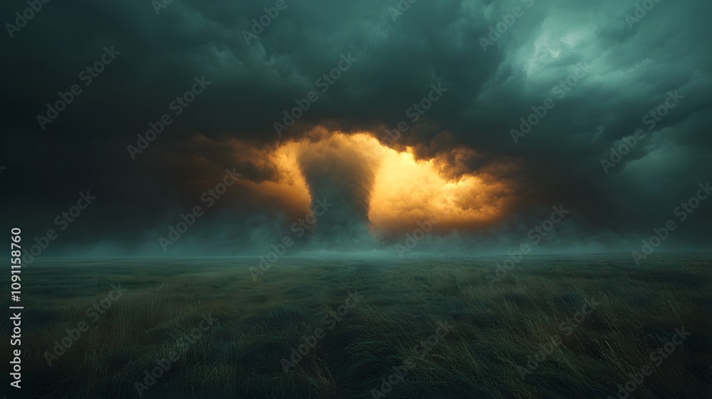 Dramatic supercell tornado in prairie landscape with threatening storm clouds, showing powerful weather phenomenon against dark sky with moody lighting and cinematic composition. Dramatic supercell tornado in prairie landscape with threatening storm clouds, showing powerful weather phenomenon against dark sky with moody lighting and cinematic composition.