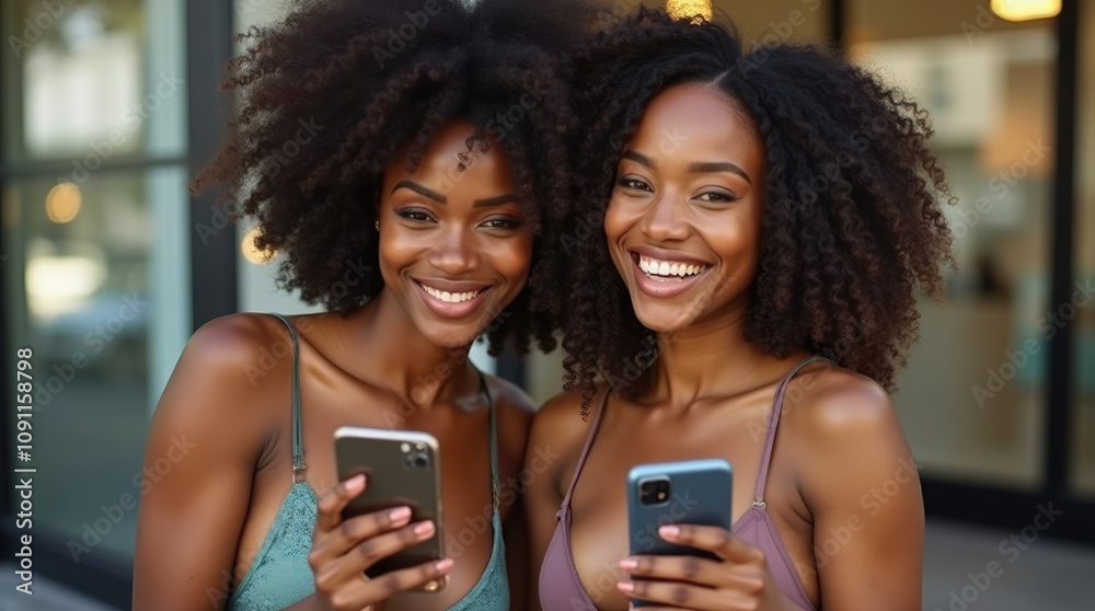 Chic and Connected: Black Women in Stylish Lingerie Displaying Smartphones, Laptops, and Tempting Deals on Online Shopping and Networking.
Chic and Connected: Black Women in Stylish Lingerie Displaying Smartphones, Laptops, and Tempting Deals on Online Shopping and Networking.