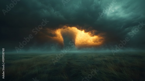 Dramatic supercell tornado in prairie landscape with threatening storm clouds, showing powerful weather phenomenon against dark sky with moody lighting and cinematic composition.