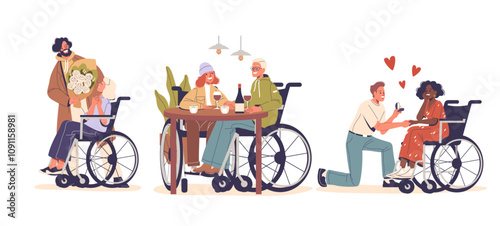 Happy couples cartoon characters with special needs romantic relationships isolated set on white
