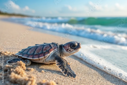 A baby turtle makes its way to the sea as morning light brightens the sky.