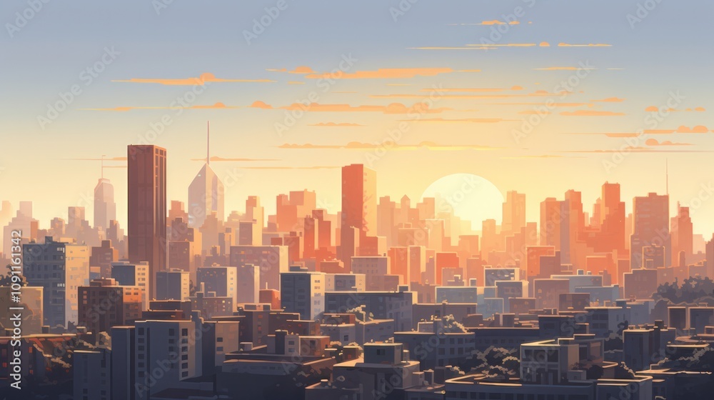 Fototapeta premium Urban skyline with sleek, innovative buildings highlighted by the gentle glow of sunrise, casting long shadows and creating a serene morning atmosphere 