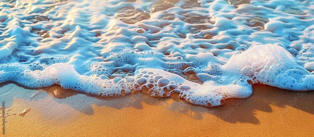 Fototapeta premium Blue Sea Waves with Foam on Golden Shore Background