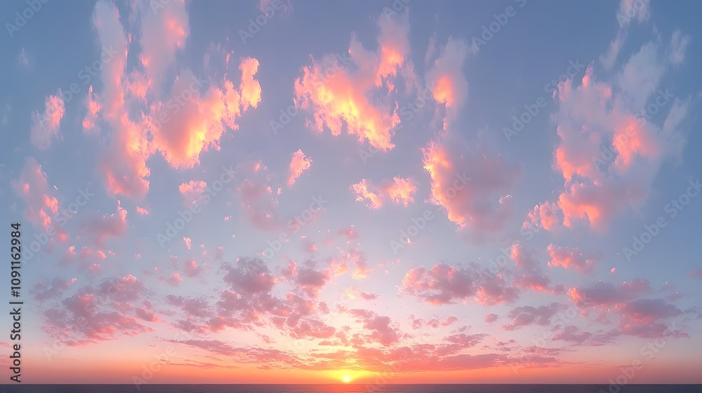 Fototapeta premium Panoramic sunset skyscape&nbsp;filled with dramatic pink and orange clouds, creating an&nbsp;ethereal atmosphere with soft pastel colors and wispy formations in peaceful evening light.