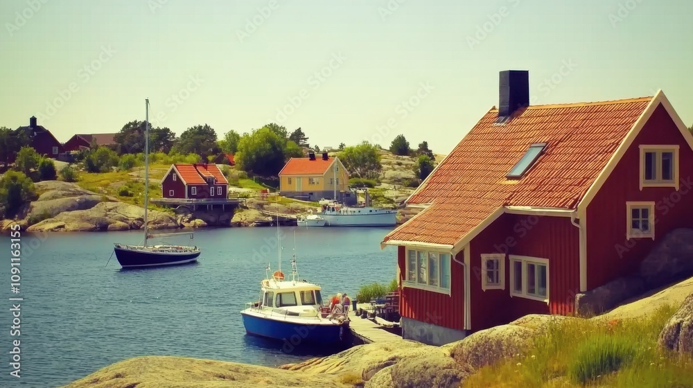 Obraz premium Peaceful Coastal Scene with Colorful Houses and Boats in a Serene Harbor Surrounded by Nature and Rocky Shoreline in Beautiful Daylight