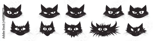 Icon set for black and white cat heads. Pink blush cheeks. Funny kawaii smiling sad doodle animal. Cute cartoon funny character. Flat design baby background. photo