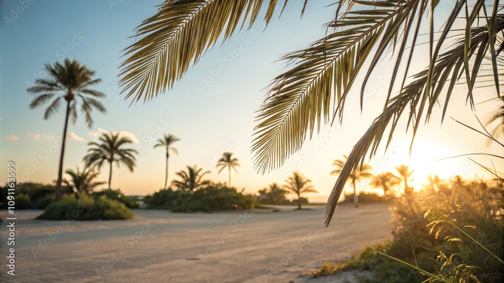 Fototapeta premium Soft golden light filters through delicate palm leaves in a serene summer atmosphere, gentle, filter, ambiance, dreamy