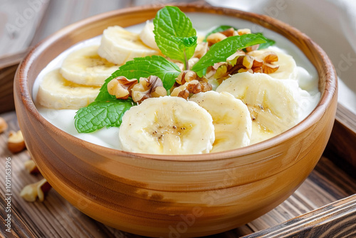 Delicious Bowl of Yogurt with Sliced Bananas Topping photo