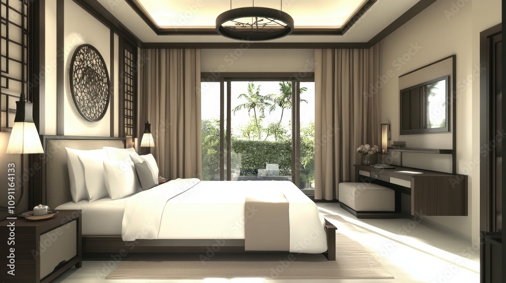 Serene Modern Bedroom Interior Design with Large Windows Offering Scenic View of Palm Trees and Natural Light Pouring into a Luxurious Space Serene Modern Bedroom Interior Design with Large Windows Offering Scenic View of Palm Trees and Natural Light Pouring into a Luxurious Space