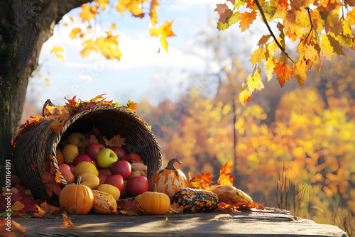 Autumn harvest cornucopia with fruits and pumpkins on a rustic table. photo