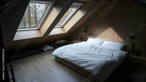 Contemporary bedroom with skylights, featuring a cozy bed under sloped ceiling.