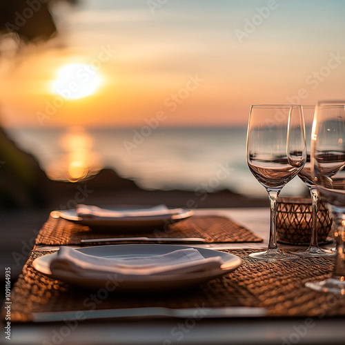 Romantisches Dinner bei Sonnenuntergang am Strand – gedeckter Tisch mit Gläsern, Meerblick und goldener Abendstimmung