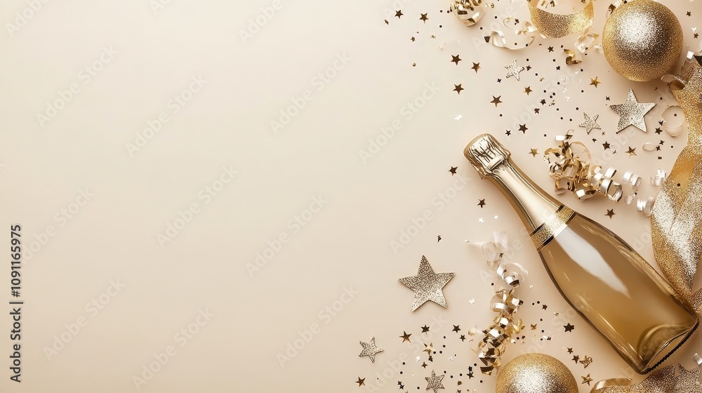 Elegant New Year's Eve Celebration with Golden Decorations, Champagne Bottle, and Sparkling Elements for a Festive Background and Perfect Party Atmosphere Elegant New Year's Eve Celebration with Golden Decorations, Champagne Bottle, and Sparkling Elements for a Festive Background and Perfect Party Atmosphere