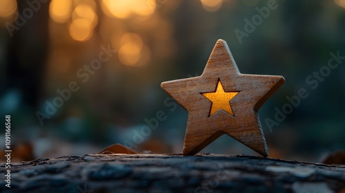 A wooden star rating display featuring four stars against a blurred indoor background, showcasing natural wood grain texture and warm lighting for a professional product review presentation. photo